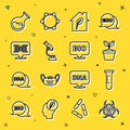 Set line Biohazard symbol, Test tube and flask, Plant in pot, Eco friendly house, Microscope, DNA, and healthy food icon