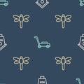 Set line Bird house, Dragonfly and Lawn mower on seamless pattern. Vector Royalty Free Stock Photo