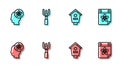 Set line Bird house, Human head with flower inside, Garden rake and Calendar icon. Vector