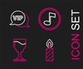 Set line Birthday cake candles, Wine glass, Music note, tone and Vip speech bubble icon. Vector Royalty Free Stock Photo