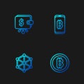 Set line Bitcoin, Blockchain technology, Cryptocurrency wallet and Mining bitcoin from mobile. Gradient color icons Royalty Free Stock Photo