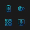 Set line Bitcoin, Blockchain technology, Mining bitcoin from mobile and . Gradient color icons. Vector Royalty Free Stock Photo