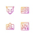 Set line Bitcoin in browser, Identification badge, Bull market and Stacks paper money cash. Gradient color icons. Vector