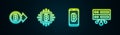 Set line Bitcoin, CPU mining farm, Mining bitcoin from mobile and Server. Glowing neon icon. Vector Royalty Free Stock Photo