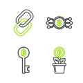 Set line Bitcoin plant in the pot, Cryptocurrency key, bitcoin circle with microchip circuit and Chain link icon. Vector
