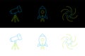 Set line Black hole, Telescope and Rocket ship with fire icon. Vector Royalty Free Stock Photo