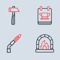Set line Blacksmith anvil tool, Welding torch, oven and Hammer icon. Vector
