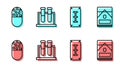 Set line Blade razor, Medicine pill or tablet, Test tube and flask and Cigarettes pack box icon. Vector