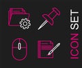Set line Blank notebook and pen, Computer mouse, Push pin and Folder settings with gears icon. Vector Royalty Free Stock Photo