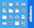 Set line Blank notebook and pen, Delete file document, Printer, Computer with keyboard x mark, Document folder, settings Royalty Free Stock Photo