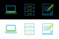 Set line Blank notebook and pencil with eraser, Laptop and Drawer documents icon. Vector Royalty Free Stock Photo