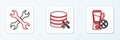 Set line Blender service, Crossed wrenchs and Database server icon. Vector