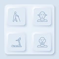 Set line Blind human holding stick, Deaf, Treadmill machine and Head of deaf and dumb. White square button. Vector Royalty Free Stock Photo