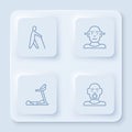 Set line Blind human holding stick, Deaf, Treadmill machine and Head of deaf and dumb. White square button. Vector