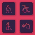 Set line Blind human holding stick, Grandmother, Wheelchair and Hearing aid. Blue square button. Vector