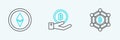 Set line Blockchain technology Bitcoin, Cryptocurrency Ethereum ETH and Hand holding icon. Vector