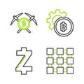 Set line Blockchain technology, Cryptocurrency coin Zcash ZEC, Bitcoin and Crossed pickaxe icon. Vector