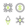 Set line Blockchain technology Ethereum ETH, Cryptocurrency coin, Zcash ZEC and CPU mining farm icon. Vector