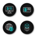 Set line Blockchain technology, Globe Bitcoin, Credit card with bitcoin and Mining from monitor icon. Vector