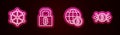 Set line Blockchain technology, Lock with bitcoin, Globe Bitcoin and circuit. Glowing neon icon. Vector Royalty Free Stock Photo