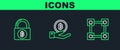 Set line Blockchain technology, Lock with bitcoin and Hand holding Bitcoin icon. Vector