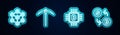 Set line Blockchain technology, Pickaxe, CPU mining farm and Cryptocurrency exchange. Glowing neon icon. Vector Royalty Free Stock Photo