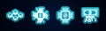 Set line Blockchain technology, Processor chip with dollar, and Cryptocurrency bitcoin circuit. Glowing neon icon