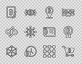 Set line Blockchain technology, Shopping cart with bitcoin, Bitcoin, clock, Mining from tablet, and icon. Vector