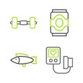 Set line Blood pressure, Fish, Soda can and Dumbbell icon. Vector