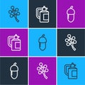 Set line Blossom tree branch, Acorn and Garden sprayer for fertilizer icon. Vector