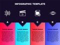 Set line Bluetooth connected, Movie clapper, Upload file and Eye. Business infographic template. Vector