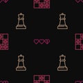 Set line Board game of checkers, Chess and Hearts for on seamless pattern. Vector Royalty Free Stock Photo