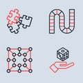 Set line Board game, Game dice and Puzzle pieces toy icon. Vector