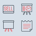 Set line Board with graph, Chalkboard, Notebook and Sell button icon. Vector