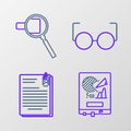 Set line Board with graph chart, File document and paper clip, Glasses and Magnifying glass icon. Vector Royalty Free Stock Photo