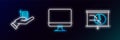 Set line Board with graph chart, Money on hand and Computer monitor screen icon. Glowing neon. Vector Royalty Free Stock Photo