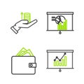 Set line Board with graph chart, Wallet stacks paper money cash, and Money hand icon. Vector