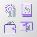 Set line Board with graph chart, Wallet stacks paper money cash, User manual and Pie infographic icon. Vector