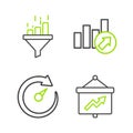 Set line Board with graph, Digital speed meter, Financial growth and Sales funnel chart icon. Vector
