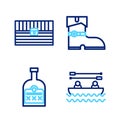 Set line Boat with oars, Alcohol drink Rum bottle, Leather pirate boots and Antique treasure chest icon. Vector