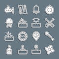Set line Boat propeller, Dead fish, Paddle, Ship bell, Cruise ship, Jellyfish, Submarine and Sun icon. Vector