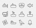 Set line Boat propeller, Ship bell, Captain hat, Cargo ship, Submarine, Seagull sits on buoy, Bird seagull and Periscope