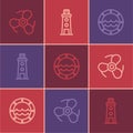 Set line Boat propeller, Ship porthole and Lighthouse icon. Vector Royalty Free Stock Photo