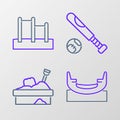 Set line Boat swing, Sandbox with sand, Baseball bat ball and Horizontal bar icon. Vector