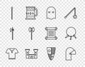 Set line Body armor, Medieval iron helmet, Executioner mask, Castle, spear, axe, Shield and Old keys icon. Vector