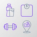 Set line Bodybuilder muscle, Dumbbell, Bathroom scales and Bottle of water with glass icon. Vector