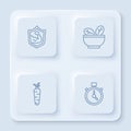 Set line Bodybuilder muscle, Salad in bowl, Carrot and Stopwatch. White square button. Vector