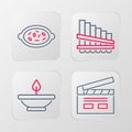 Set line Bollywood indian cinema, Aroma lamp, Pan flute and Kheer bowl icon. Vector