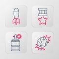 Set line Bomb explosive planet earth, Hand smoke grenade, Military reward medal and Rocket launcher icon. Vector