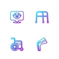 Set line Bone pain, Wheelchair, Grandfather and Walker. Gradient color icons. Vector